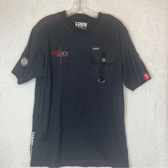 Coogi Australia Mens Button-Up Shirt Black Short Sleeve Shoulder Tabs Pockets XL - Picture 1 of 11